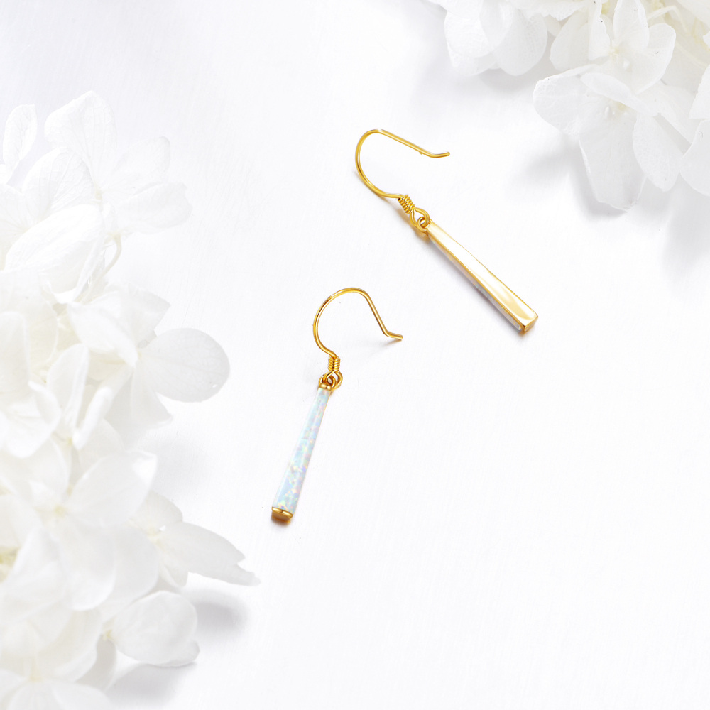10K Gold White Opal Bar Drop Earrings-3