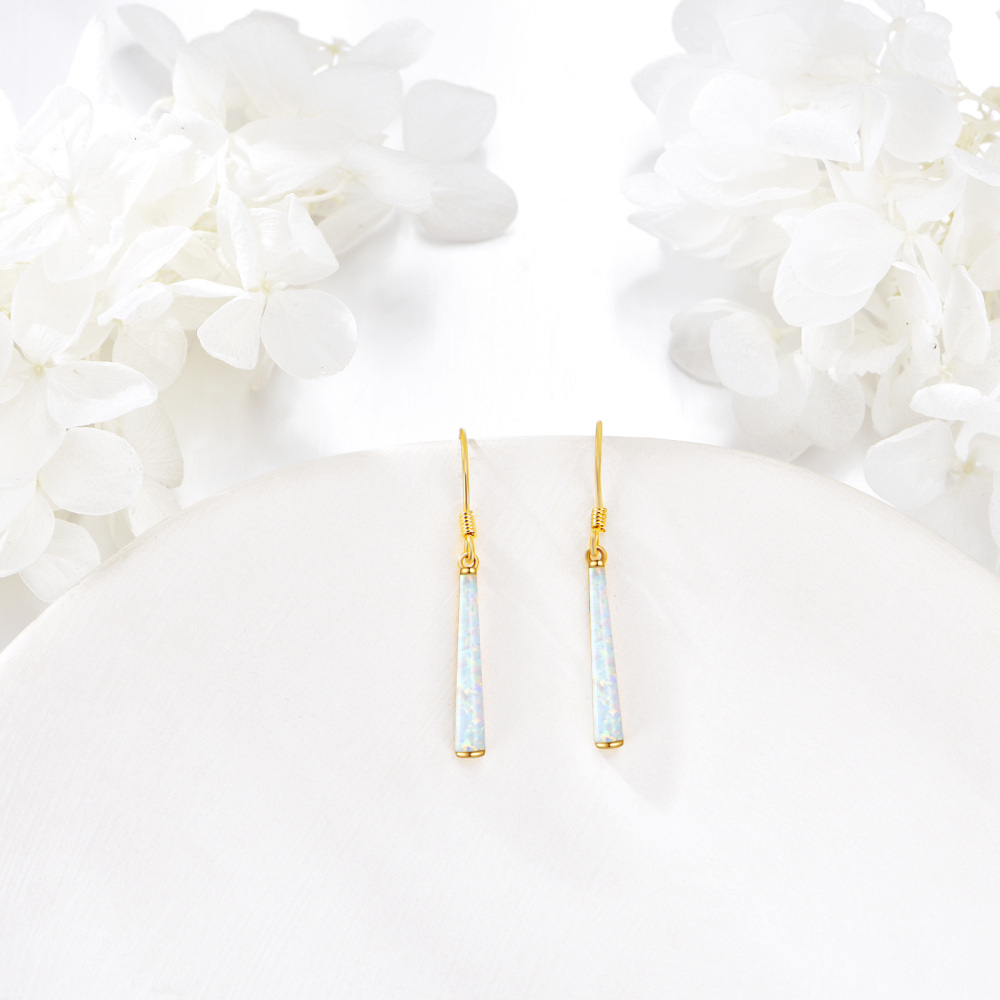 10K Gold White Opal Bar Drop Earrings-4