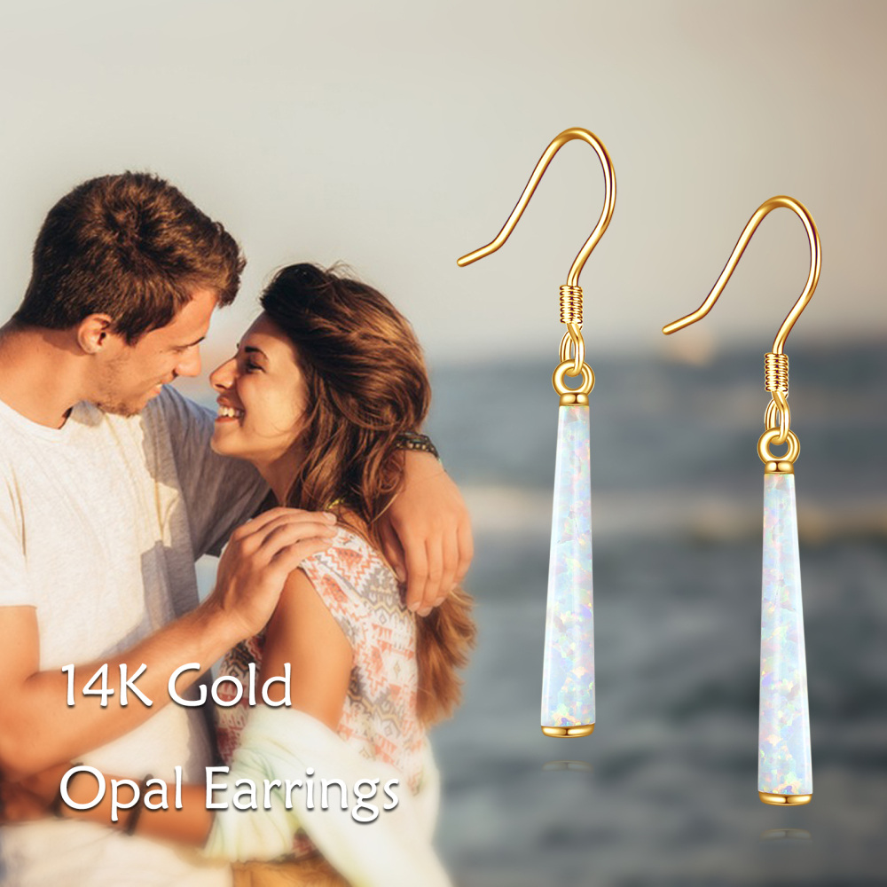 10K Gold White Opal Bar Drop Earrings-6