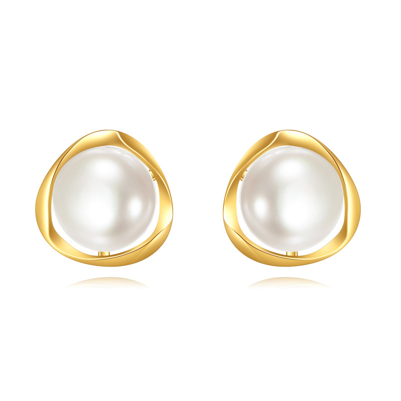 14K Gold White Round Pearl Stud Earrings-1