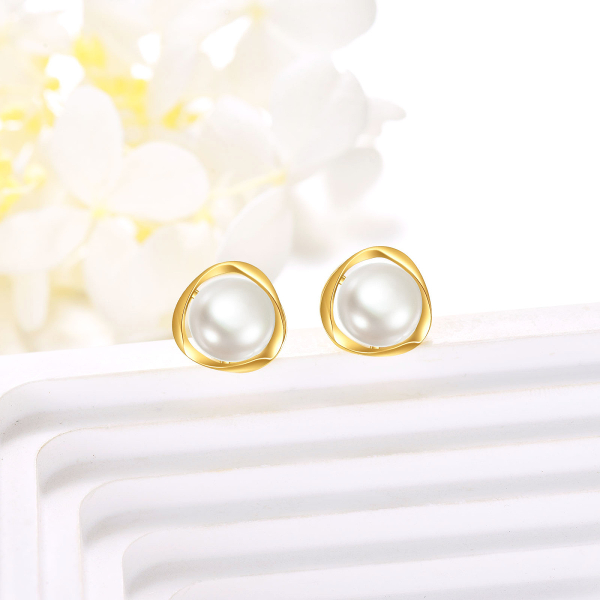 14K Gold White Round Pearl Stud Earrings-3