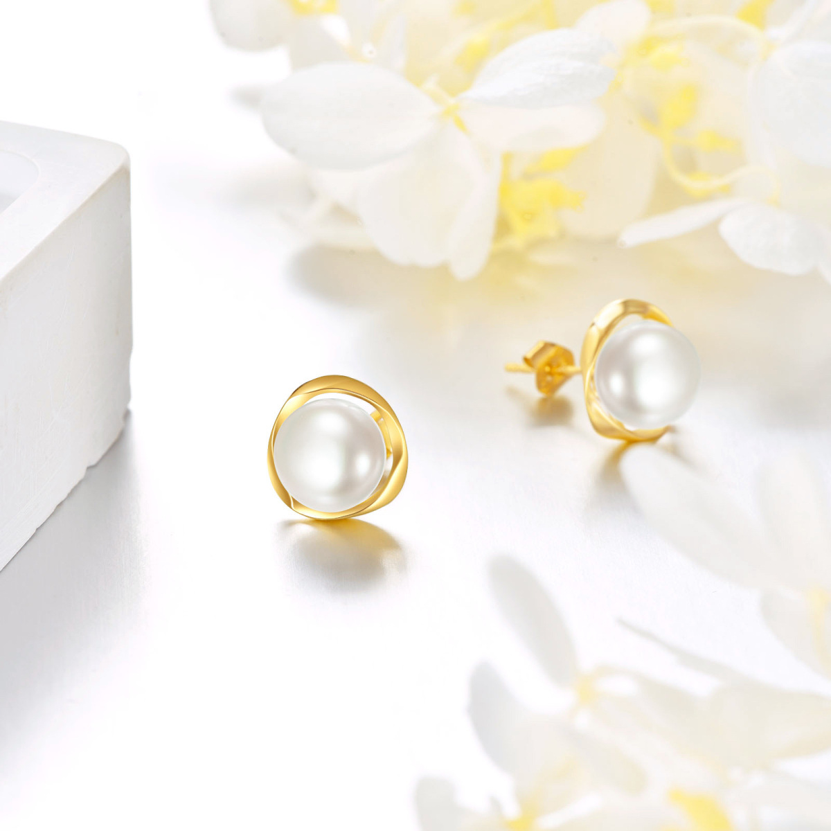 14K Gold White Round Pearl Stud Earrings-4