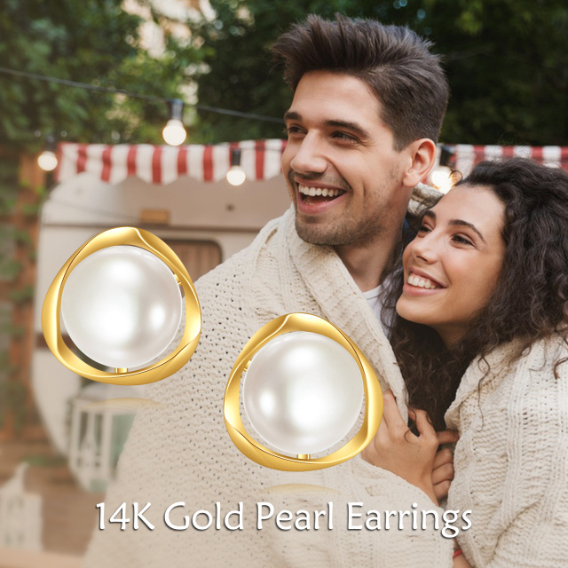 Aretes de perlas redondas blancas de oro de 14 quilates-6