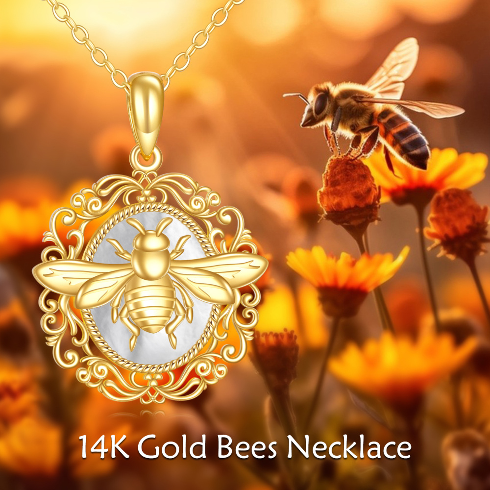 10K Gold White Shell Bee Pendant Necklace-6