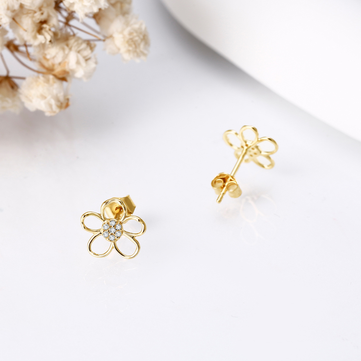 Brincos de flores silvestres com zircónias cúbicas em ouro de 14K-2