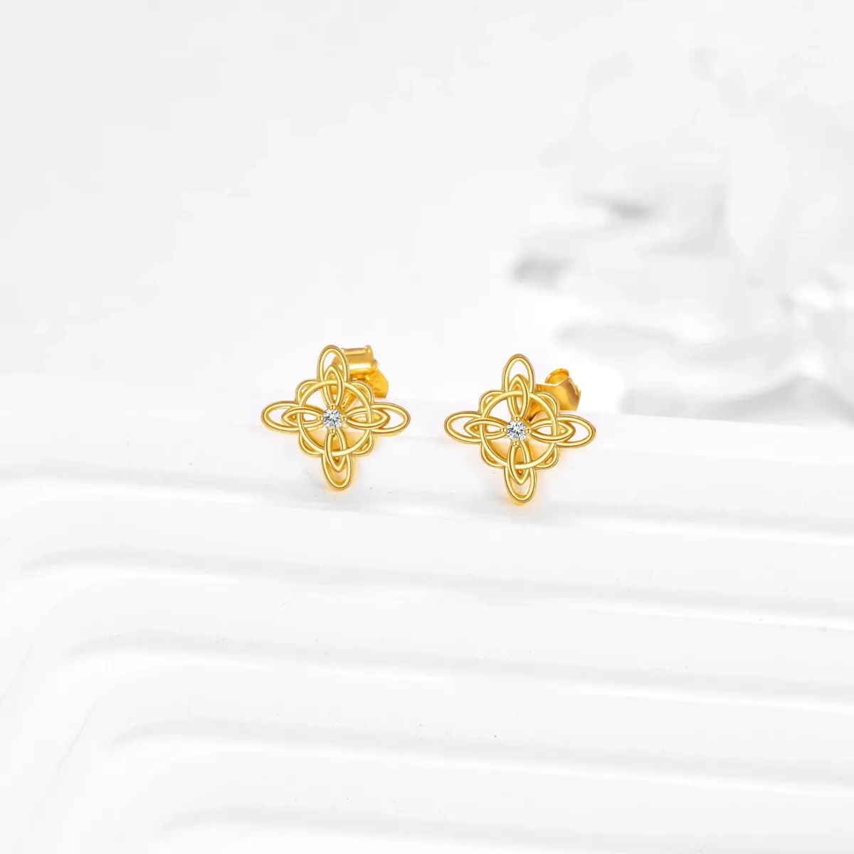 10K Gold Zircon Celtic Knot Stud Earrings-3