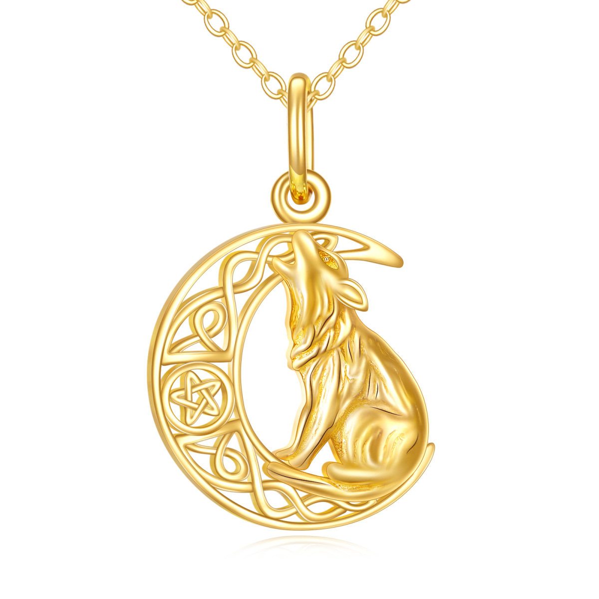 14K Gold Wolf & Celtic Knot & Moon Pendant Necklace-1