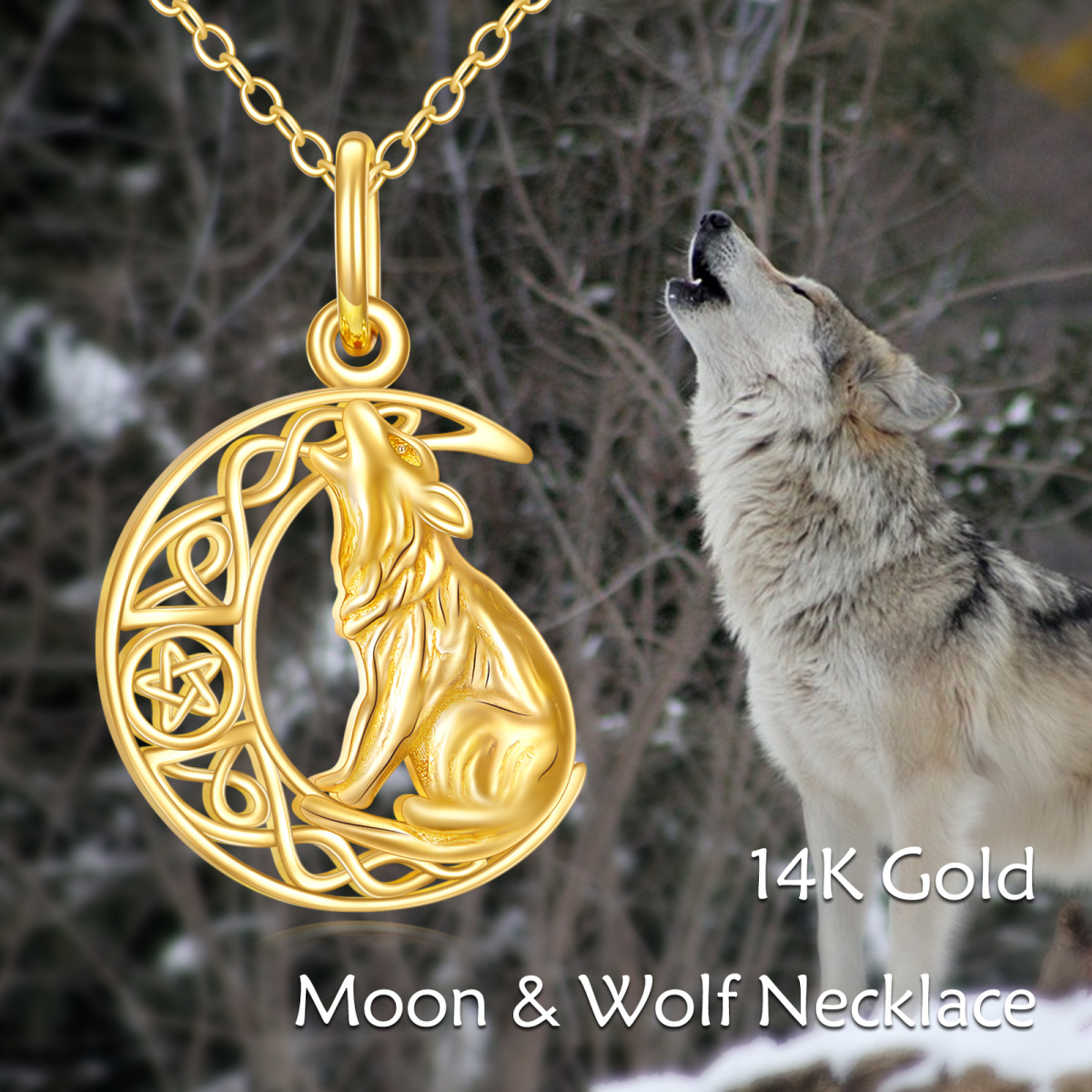 10K Gold Wolf & Celtic Knot & Moon Pendant Necklace-5