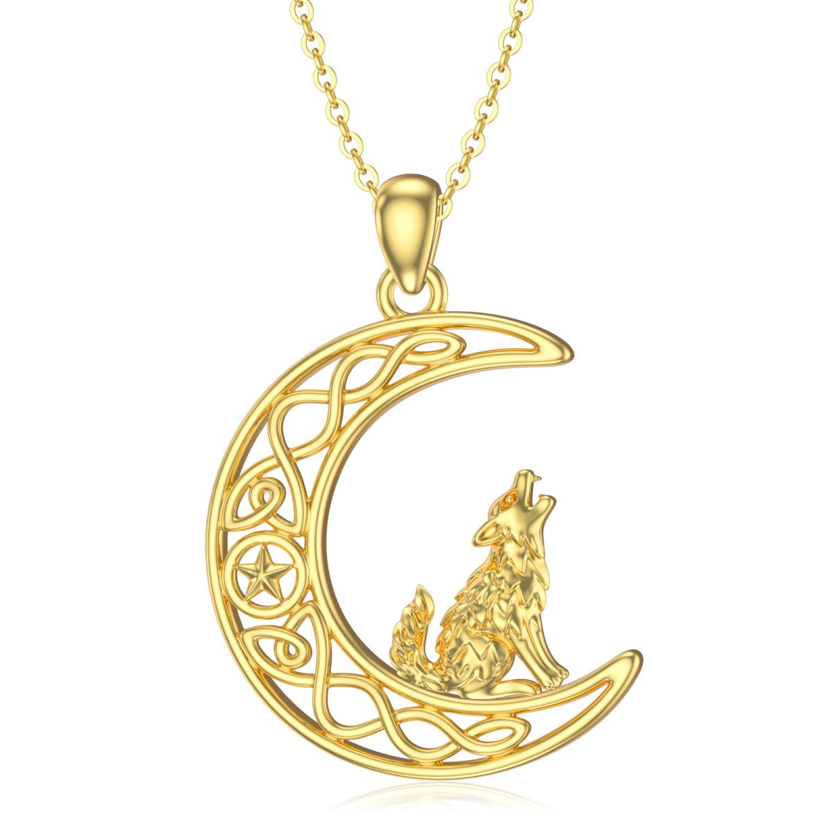 10K Gold Wolf Celtic Knot Moon Star Necklace for Women-1