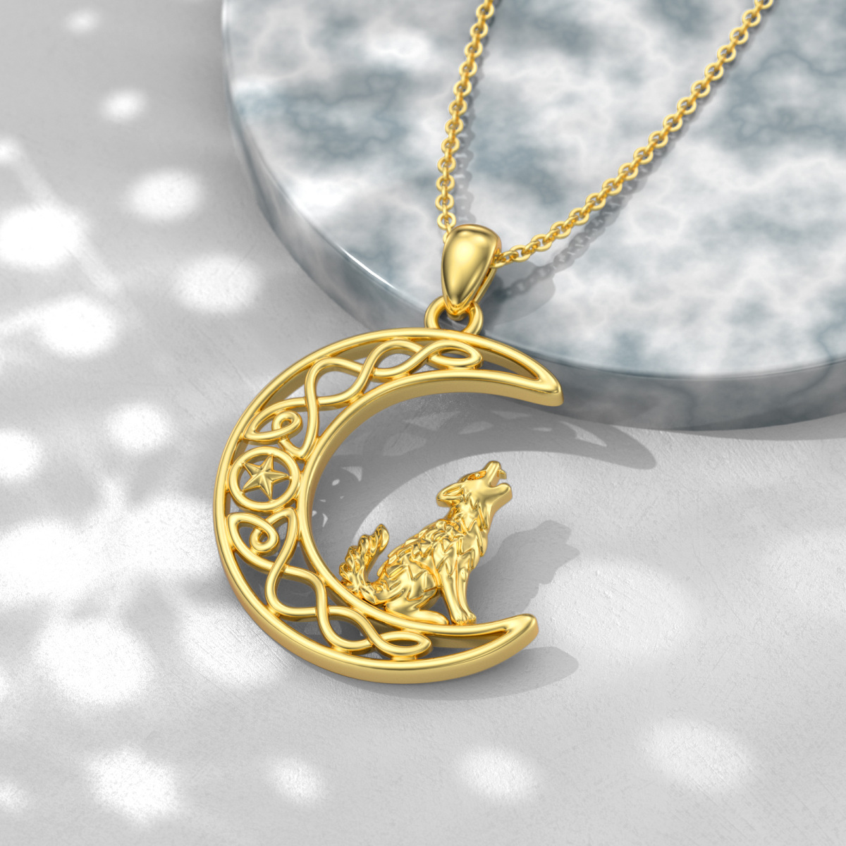 10K Gold Wolf Celtic Knot Moon Star Necklace for Women-3