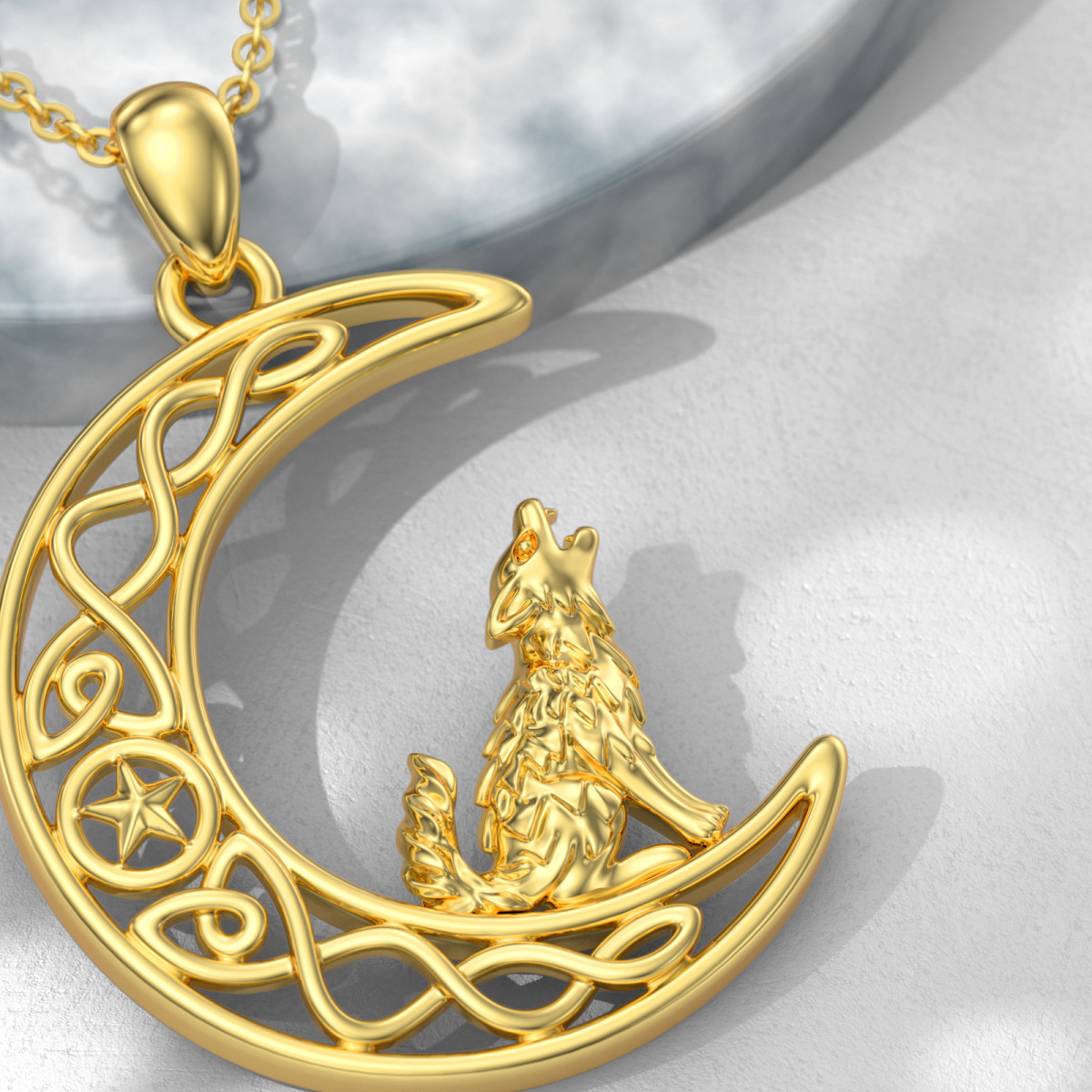 10K Gold Wolf Celtic Knot Moon Star Necklace for Women-4