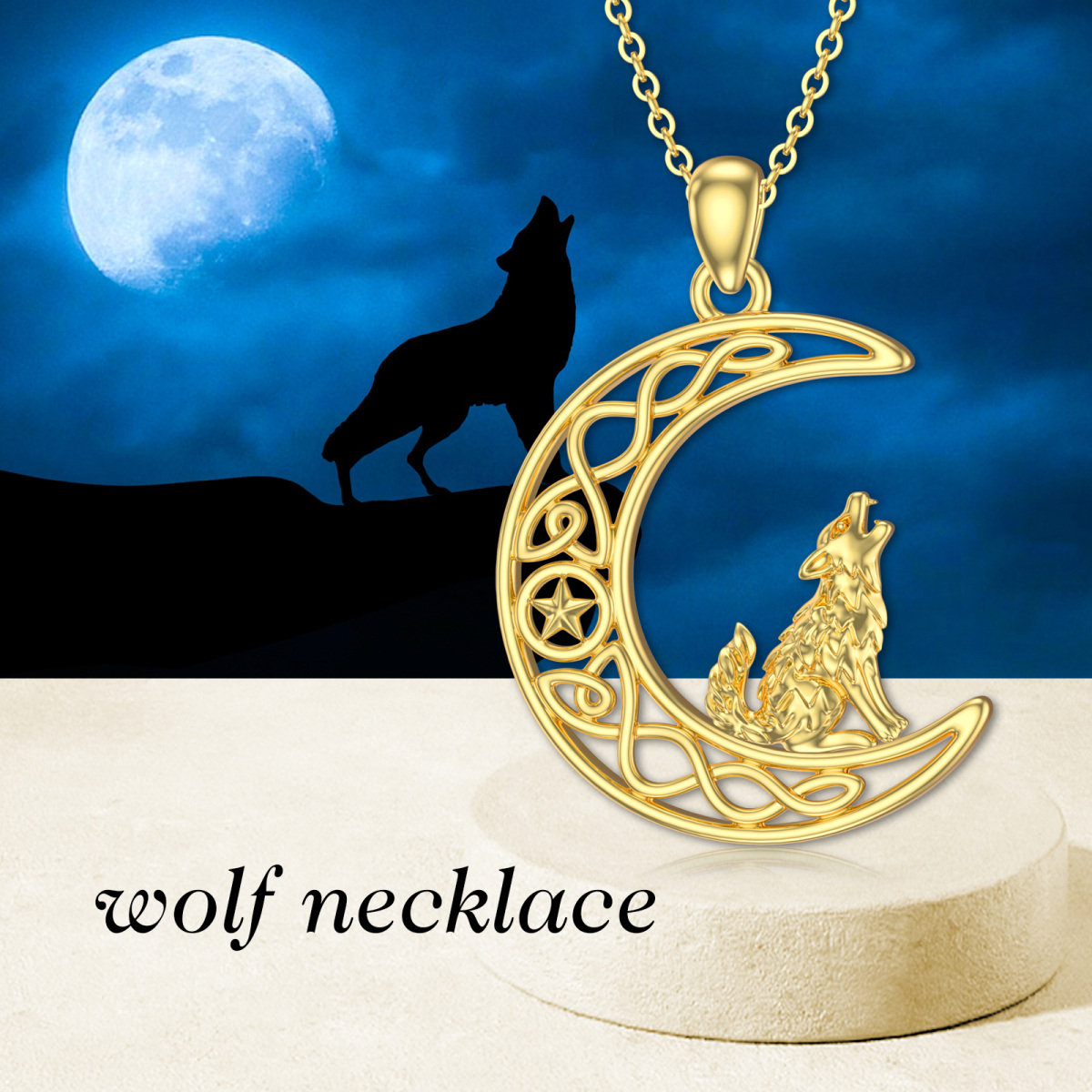 10K Gold Wolf Celtic Knot Moon Star Necklace for Women-6