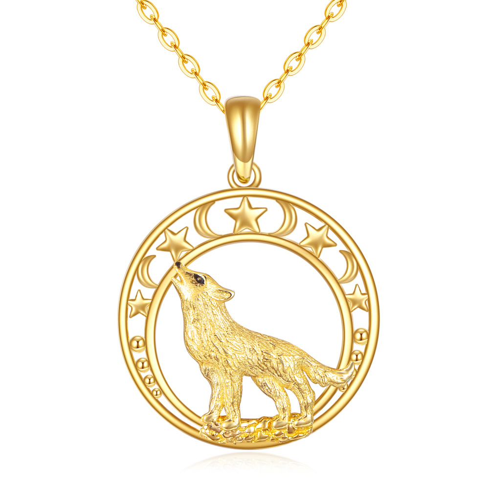10K Gold Wolf & Moon Star Pendant Necklace For Women Best Friends-1
