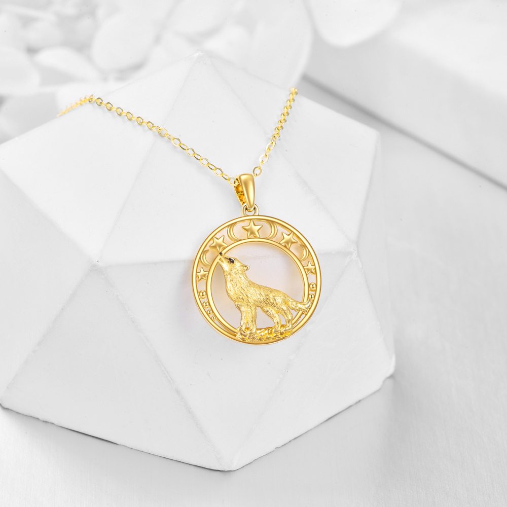 10K Gold Wolf & Moon Star Pendant Necklace For Women Best Friends-3