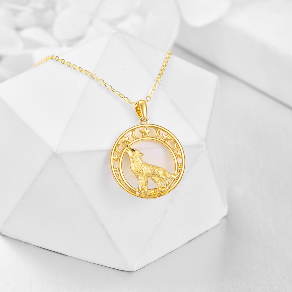 14K Gold Wolf & Moon Star Pendant Necklace For Women Best Friends-3