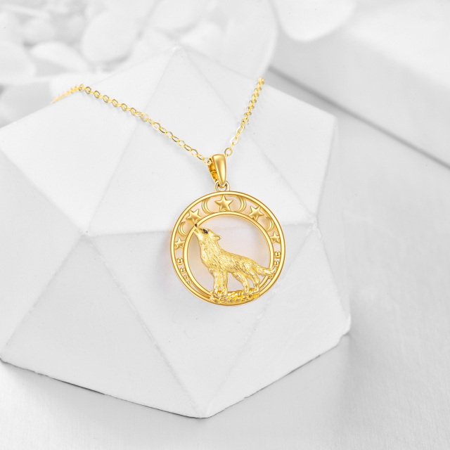 14K Gold Wolf & Moon & Star Pendant Necklace-3