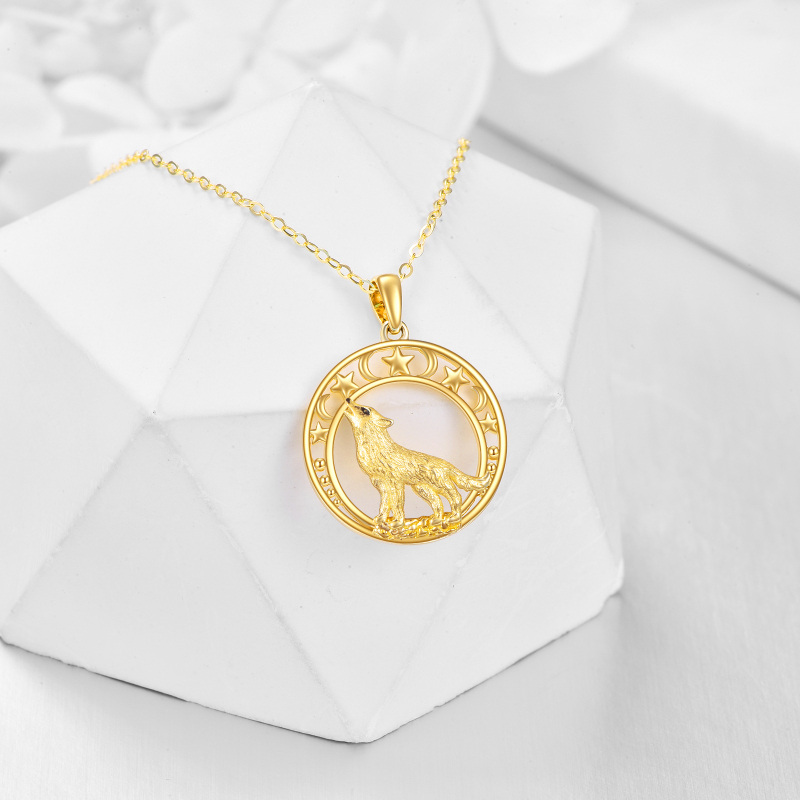 10K White Gold Wolf & Moon & Star Pendant Necklace-3