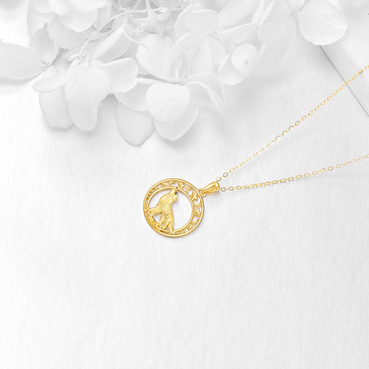 Collana con ciondolo a forma di lupo e stella di luna in oro 14 carati per le migliori amiche delle donne-4