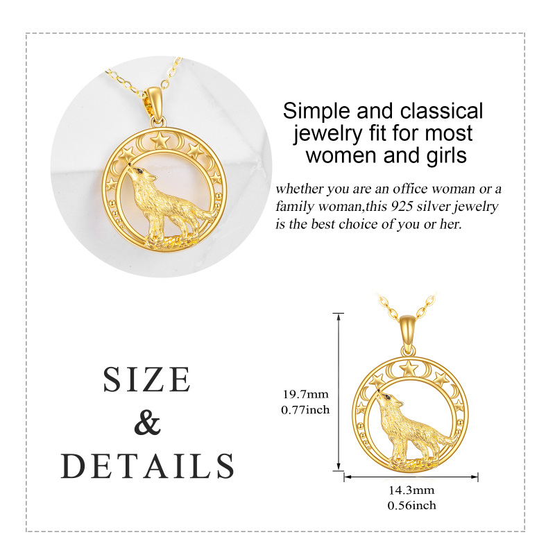 10K White Gold Wolf & Moon & Star Pendant Necklace-5