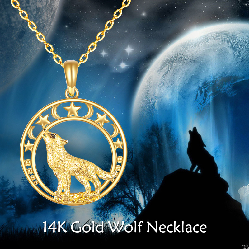 10K White Gold Wolf & Moon & Star Pendant Necklace-6