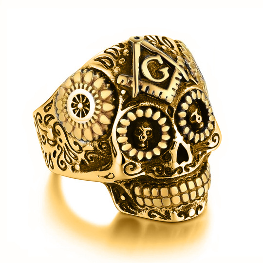 Anillo de sello masónico de plata de ley con baño de oro amarillo para hombre