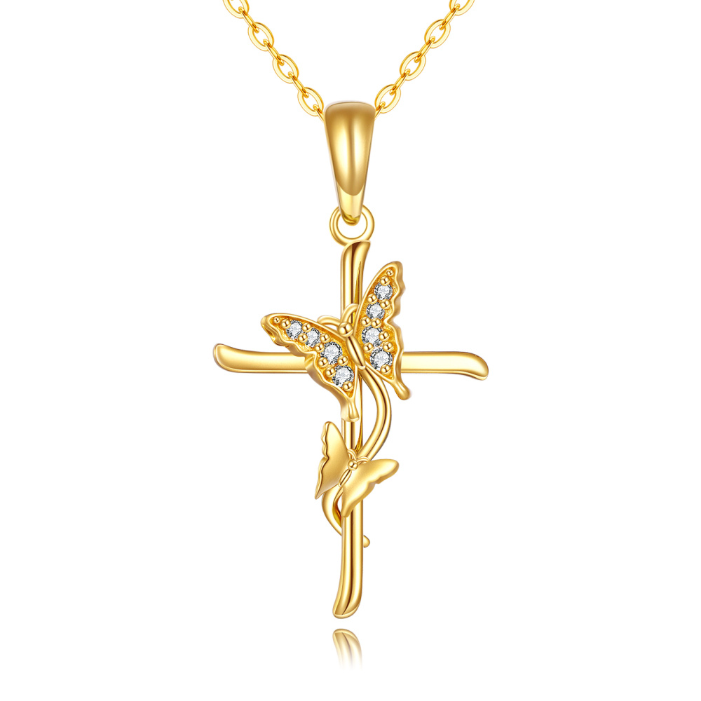 10K Gold Zircon Butterfly & Cross Pendant Necklace-1