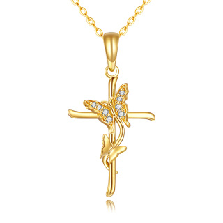 10K Gold Zircon Butterfly & Cross Pendant Necklace-35