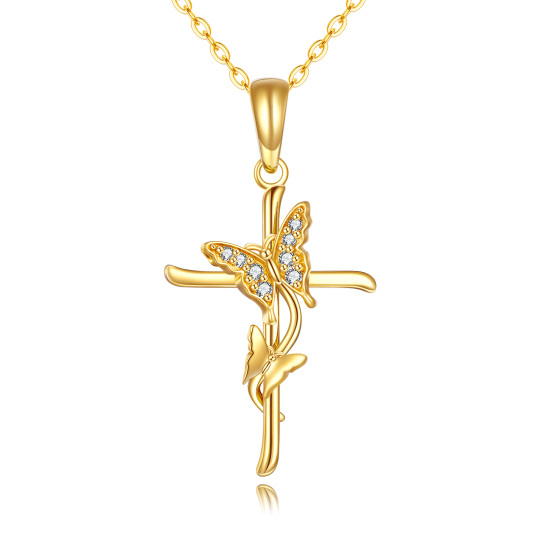 10K Gold Zircon Butterfly & Cross Pendant Necklace