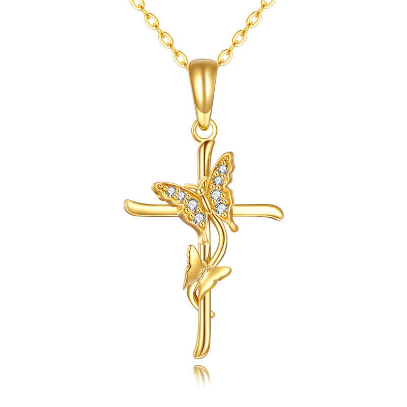 14K Gold Zircon Butterfly & Cross Pendant Necklace-4