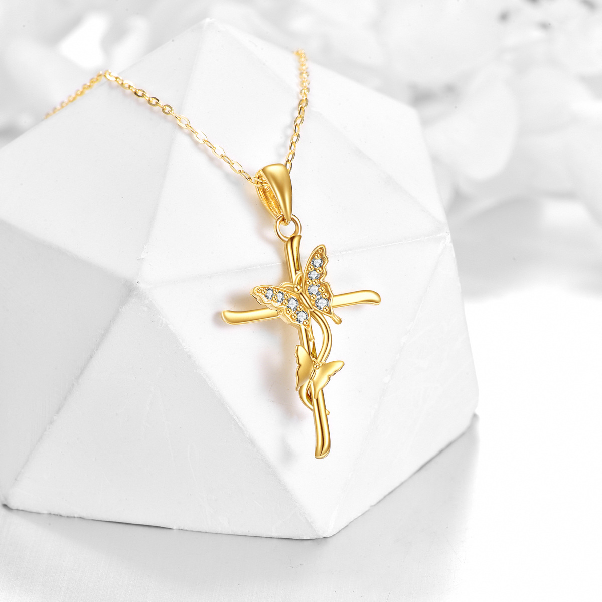 14K Gold Zircon Butterfly & Cross Pendant Necklace-3