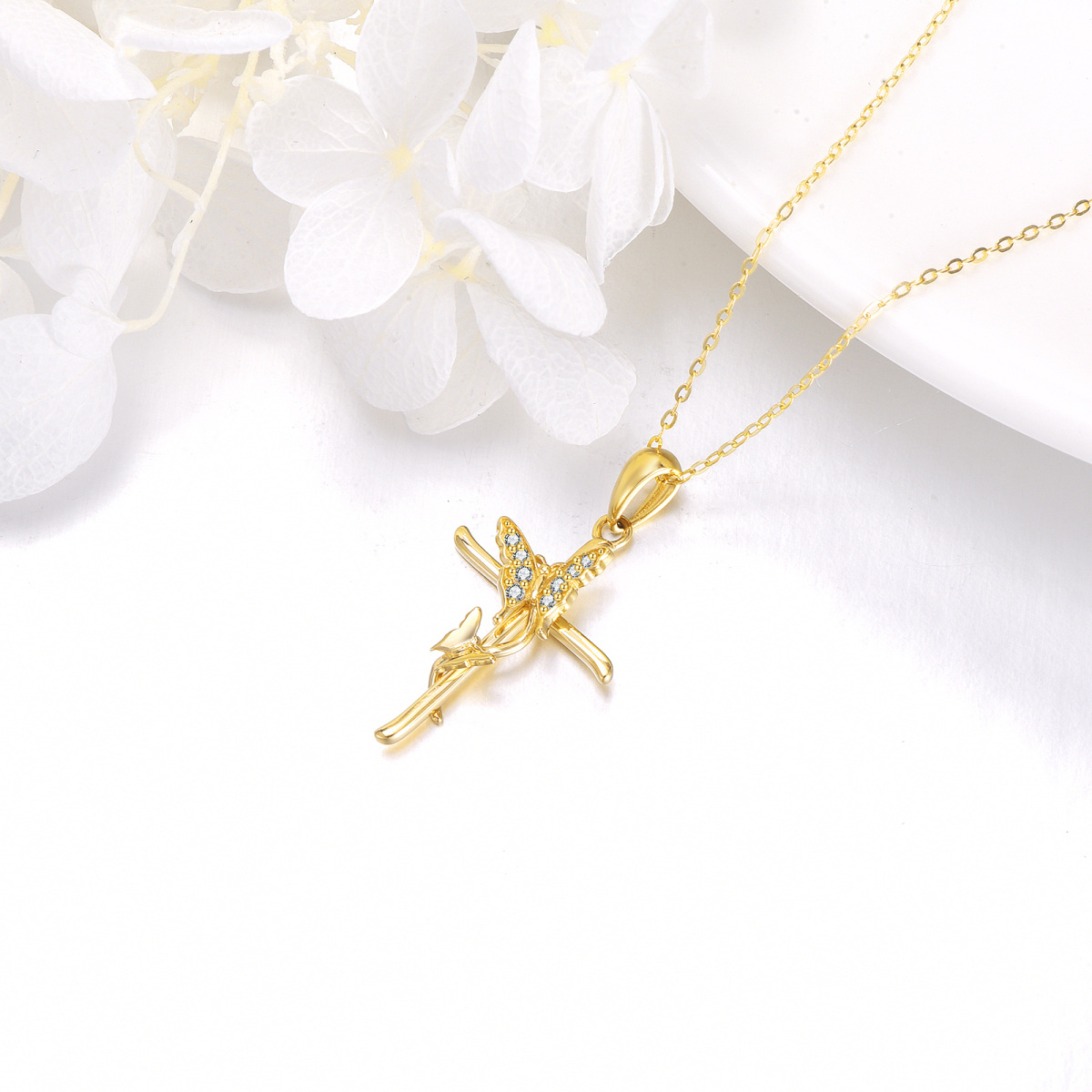 14K Gold Zircon Butterfly & Cross Pendant Necklace-4