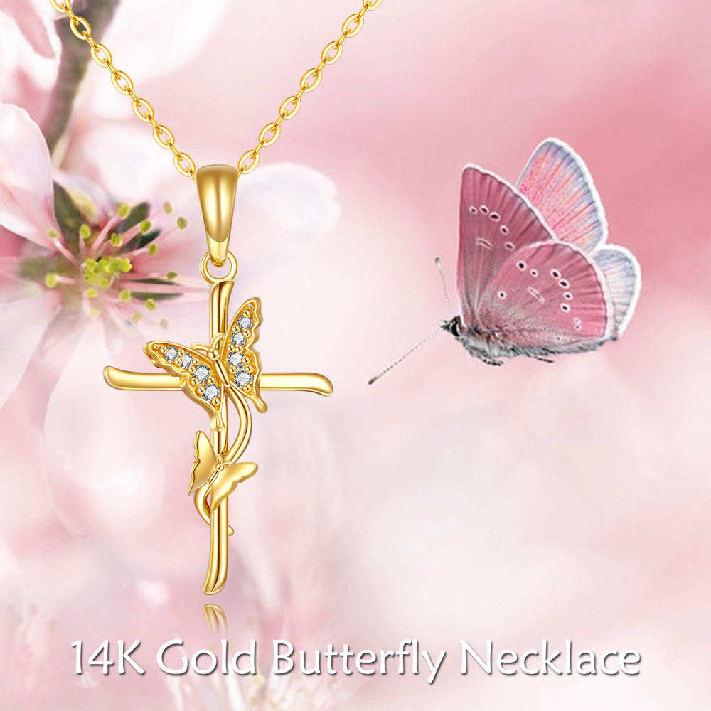 10K Gold Zircon Butterfly & Cross Pendant Necklace-5