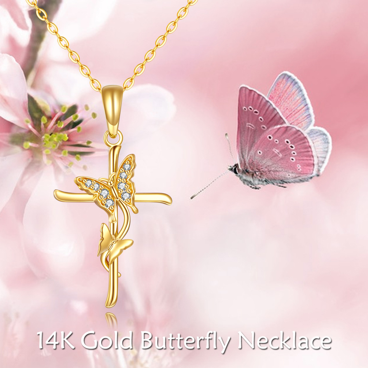 14K Gold Zircon Butterfly & Cross Pendant Necklace-5