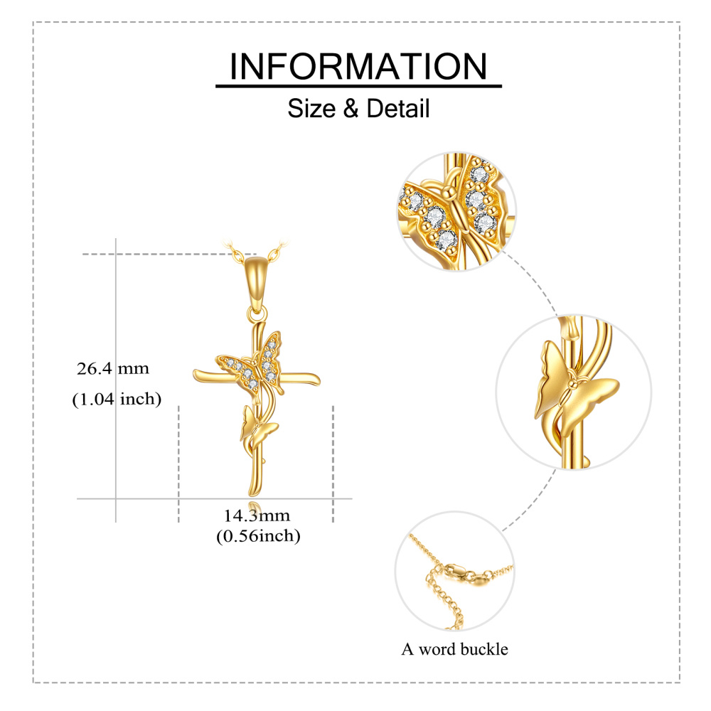 10K Gold Zircon Butterfly & Cross Pendant Necklace-6