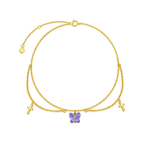 14K Gold Zircon Butterfly & Cross Single Layer Anklet