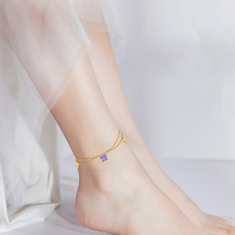 10K White Gold Cubic Zirconia Butterfly & Cross Single Layer Charm Anklet-2