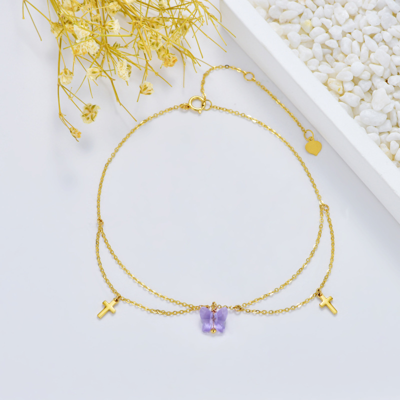 10K White Gold Cubic Zirconia Butterfly & Cross Single Layer Charm Anklet-3