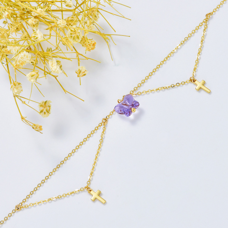 10K White Gold Cubic Zirconia Butterfly & Cross Single Layer Charm Anklet-4