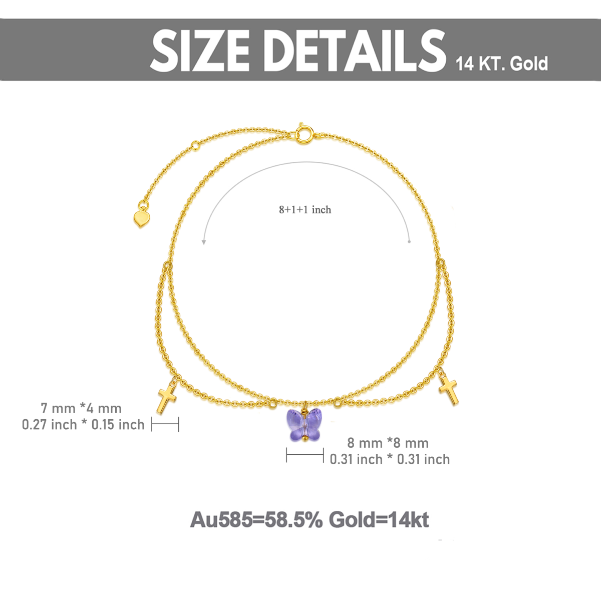 14K Gold Fußkettchen mit Zirkonia und Schmetterlingskreuz, einlagig-5