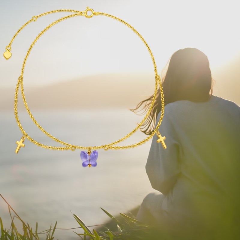 10K White Gold Cubic Zirconia Butterfly & Cross Single Layer Charm Anklet-6