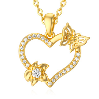 10K Gold Zircon Butterfly & Heart Pendant Necklace-49