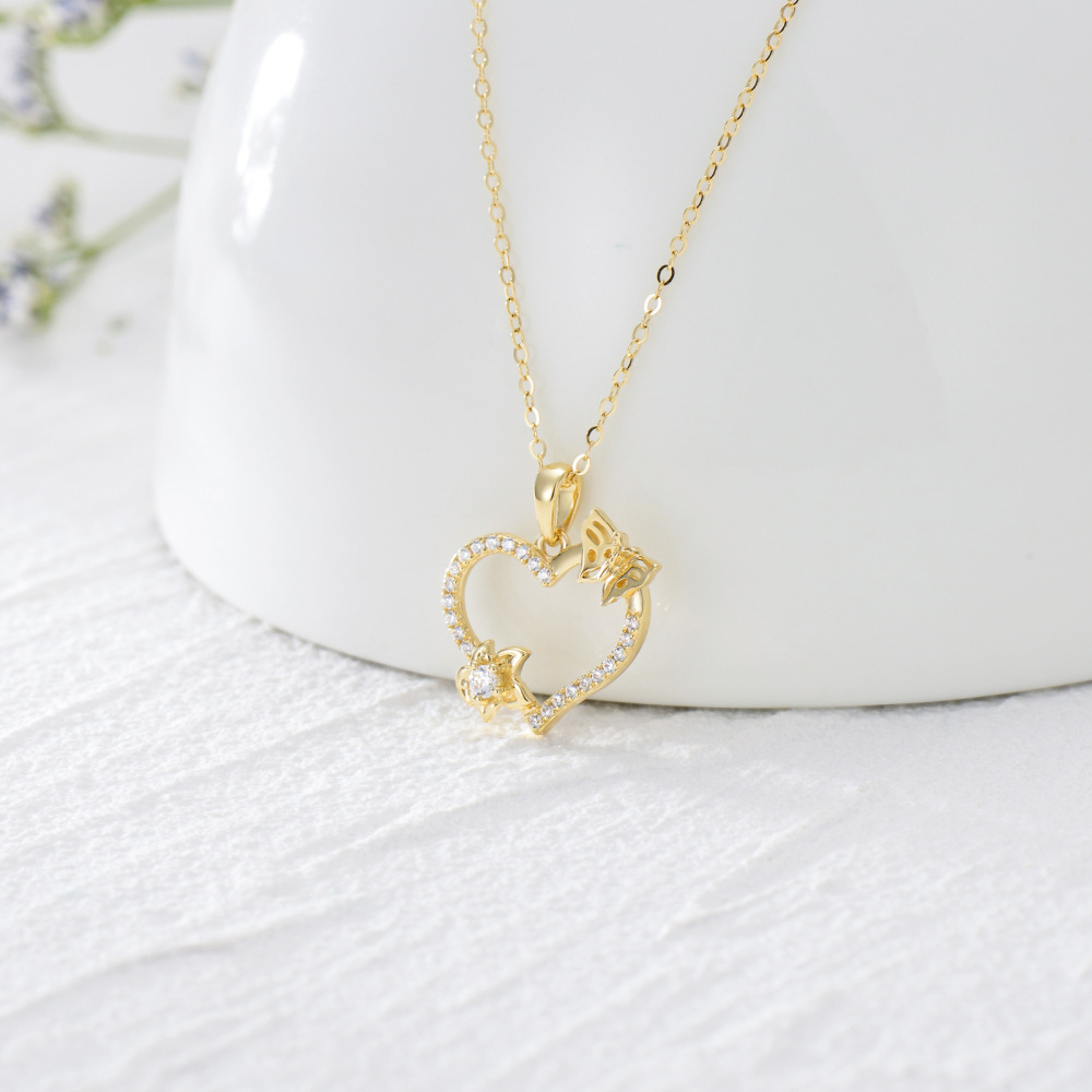 10K Gold Zircon Butterfly & Heart Pendant Necklace-3