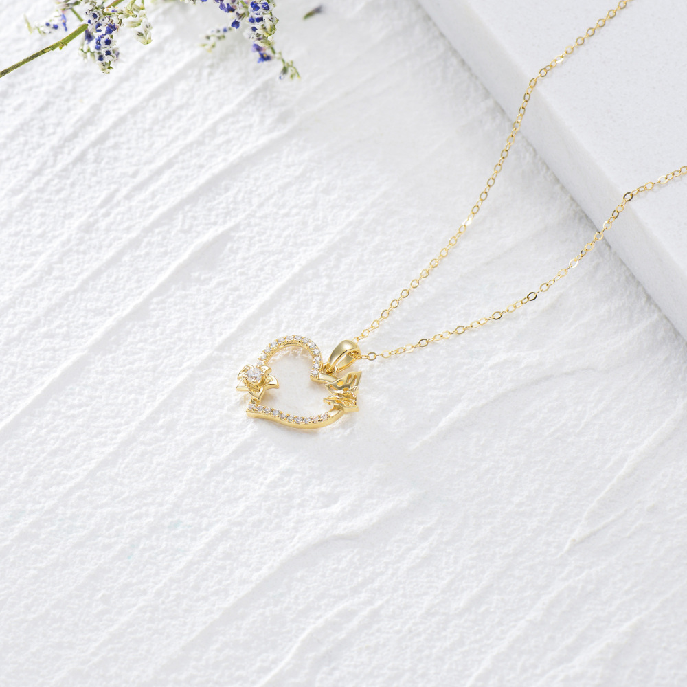 10K Gold Zircon Butterfly & Heart Pendant Necklace-4