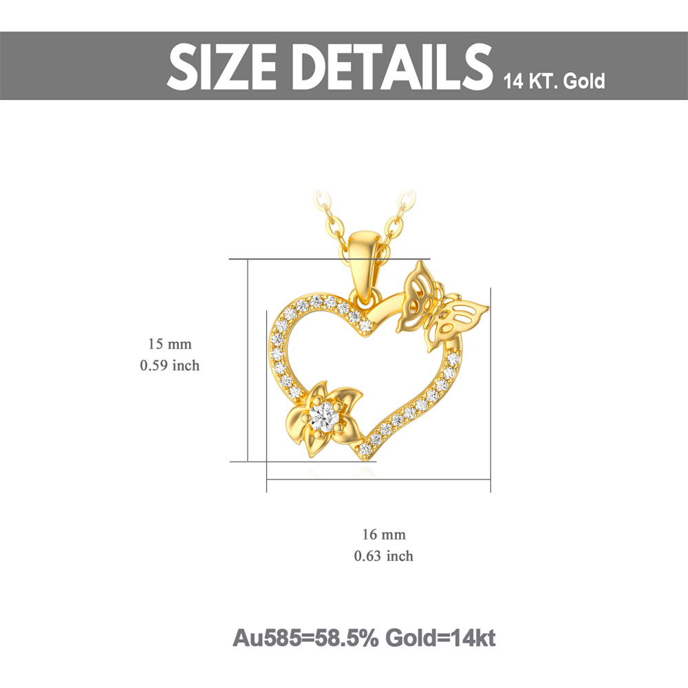 10K Gold Zircon Butterfly & Heart Pendant Necklace-5