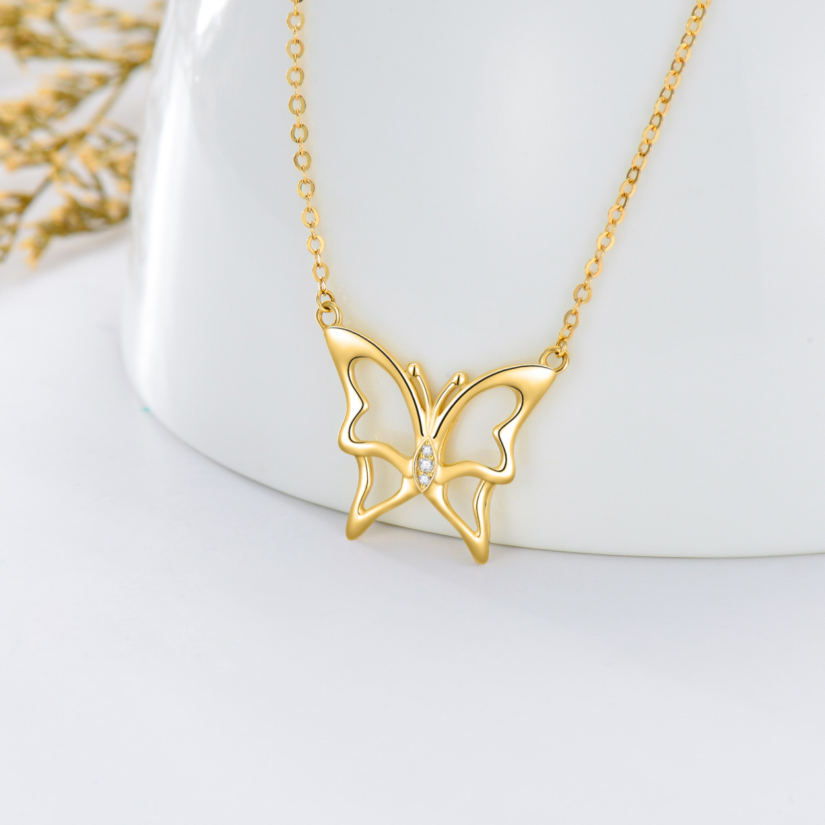 10K Gold Zircon Butterfly Pendant Necklace-3