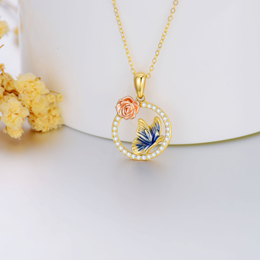 Collar Colgante Mariposa y Rosa Circonio Oro 10K-3