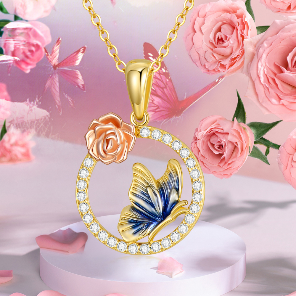 Collar Colgante Mariposa y Rosa Circonio Oro 10K-6