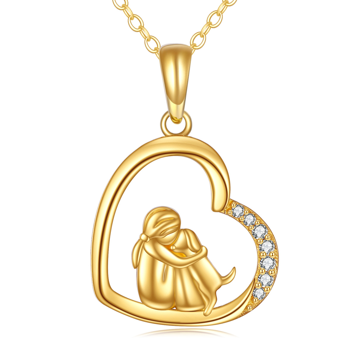 10K Gold Zircon Dog & Heart Pendant Necklace-1