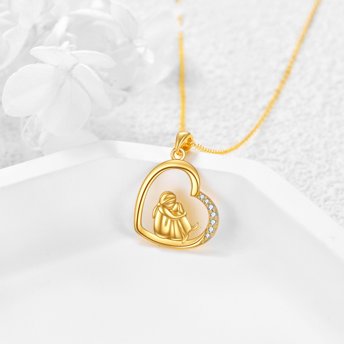 10K Gold Zircon Dog & Heart Pendant Necklace-3