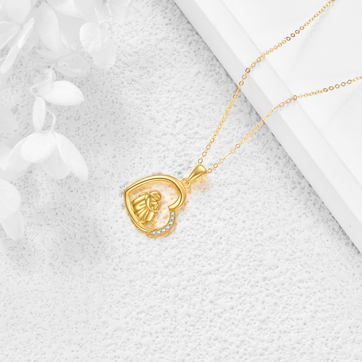 10K Gold Zircon Dog & Heart Pendant Necklace-4